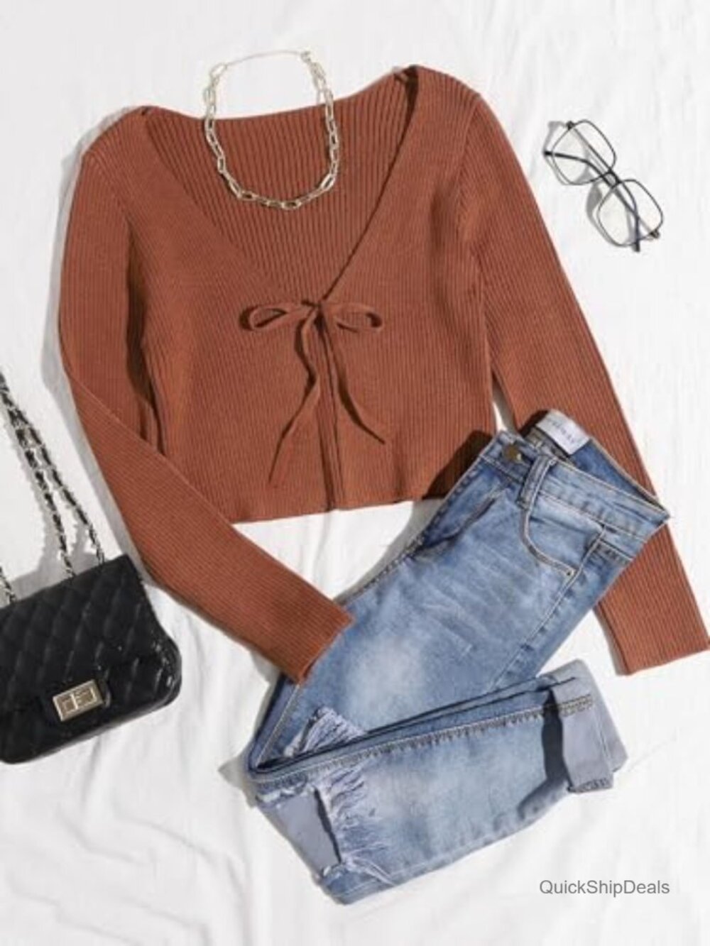 Tie Front Long Sleeve Rib Knit Shrug Sweater Cardigan Crop Top - Picture 3 of 6